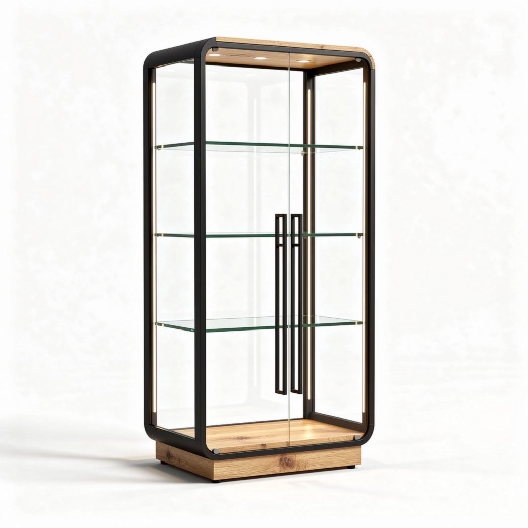 Glass display cabinet with wooden base and metal frame 180 x 80 x 40cm