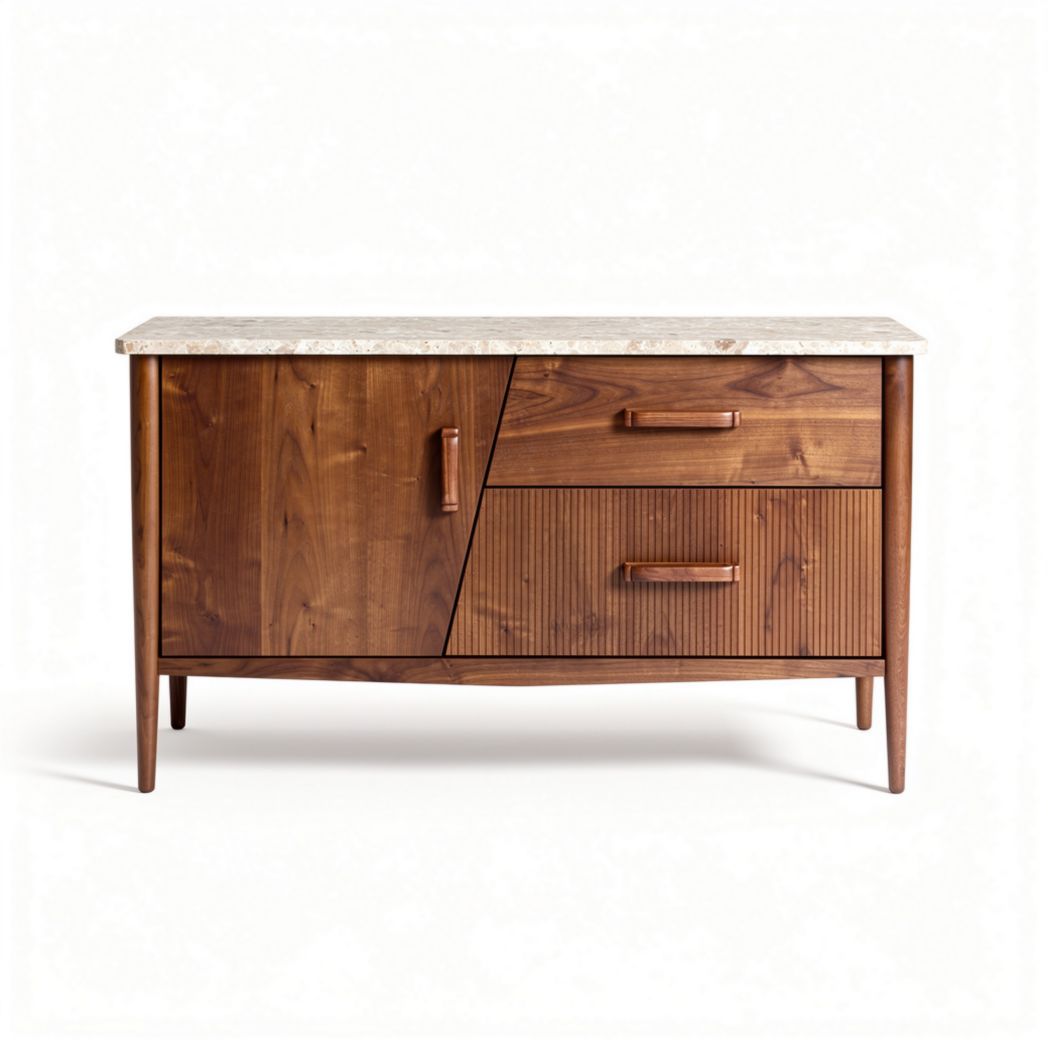 Wooden sideboard with marble top and storage drawers 120 x 40 x 75cm