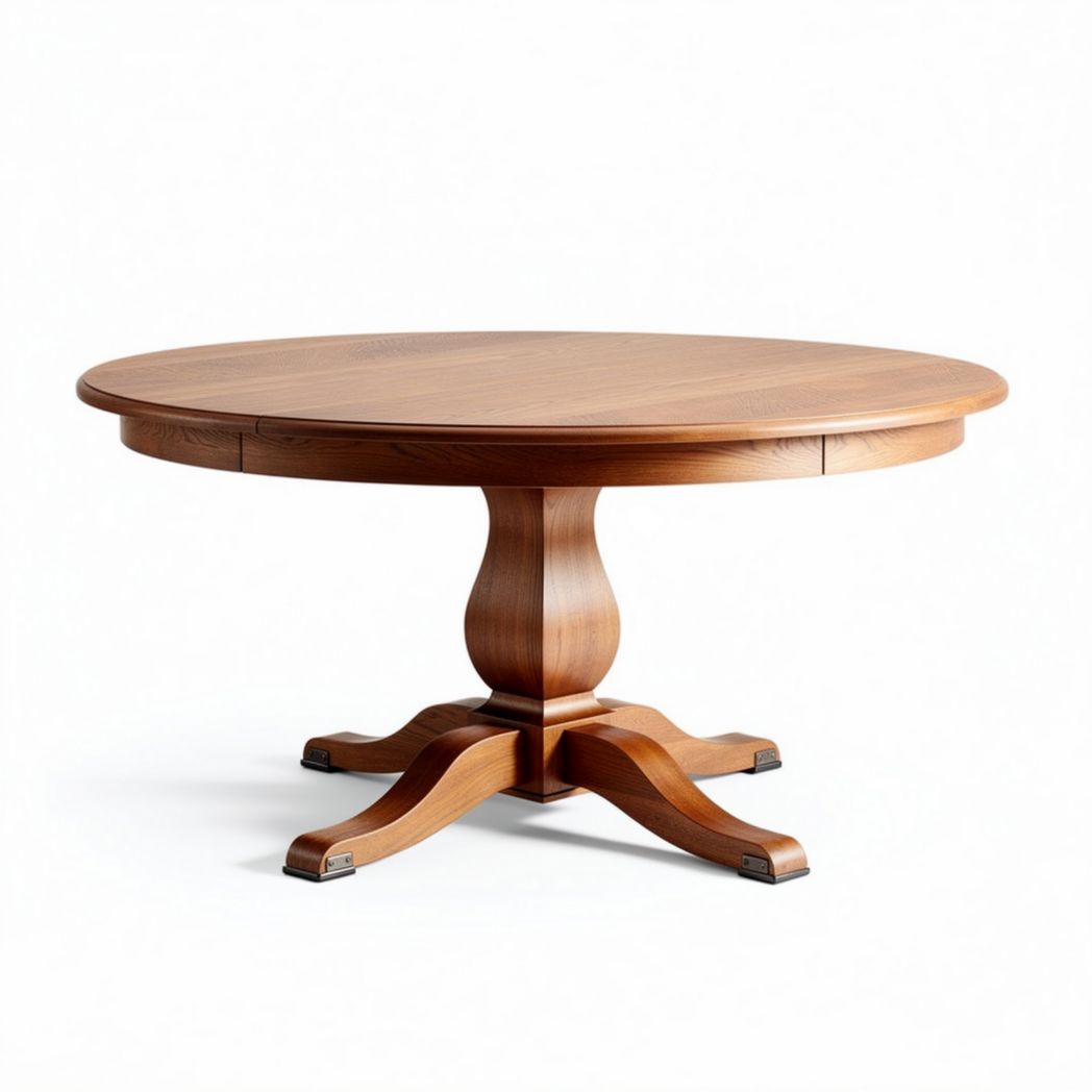 Rustic wooden dining table with oval top and ornate pedestal base in natural finish