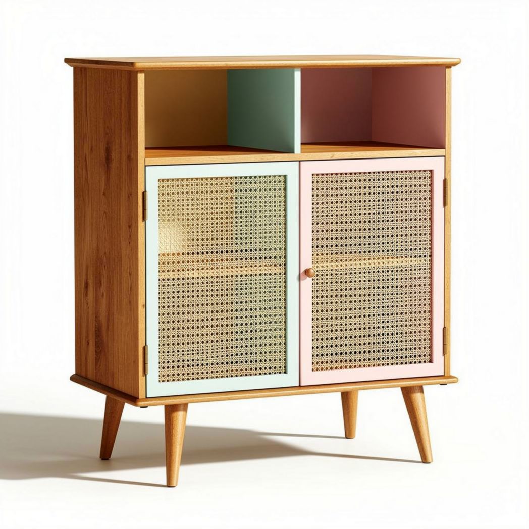 Wooden cabinet with colored doors and open shelf 70 x 40 x 85cm