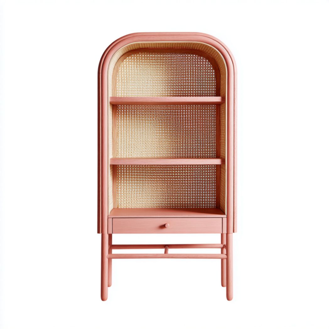 Wooden bookshelf with rattan accents and two drawers 80 x 40 x 160cm