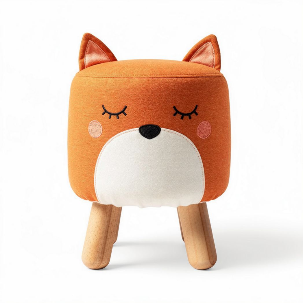 Fox-shaped children's stool with wooden legs and soft orange upholstery 30 x 30 x 40cm